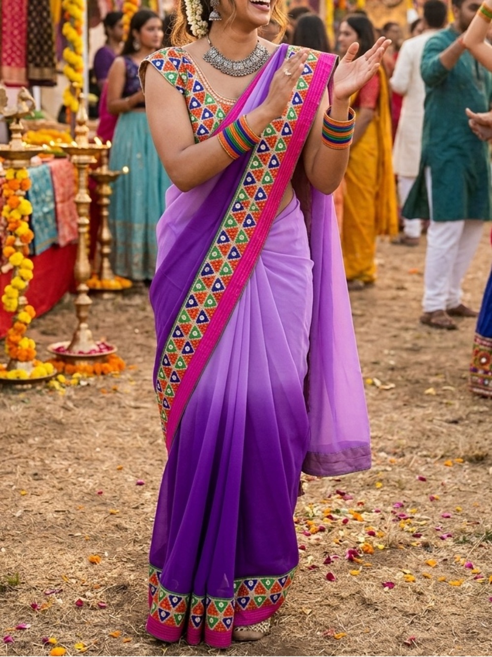 Embroidered Purple Maxi Skirt with Multicolor Trim